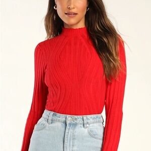 Lulus  Stay Layered Red Ribbed Mock Neck Long Sleeve Top